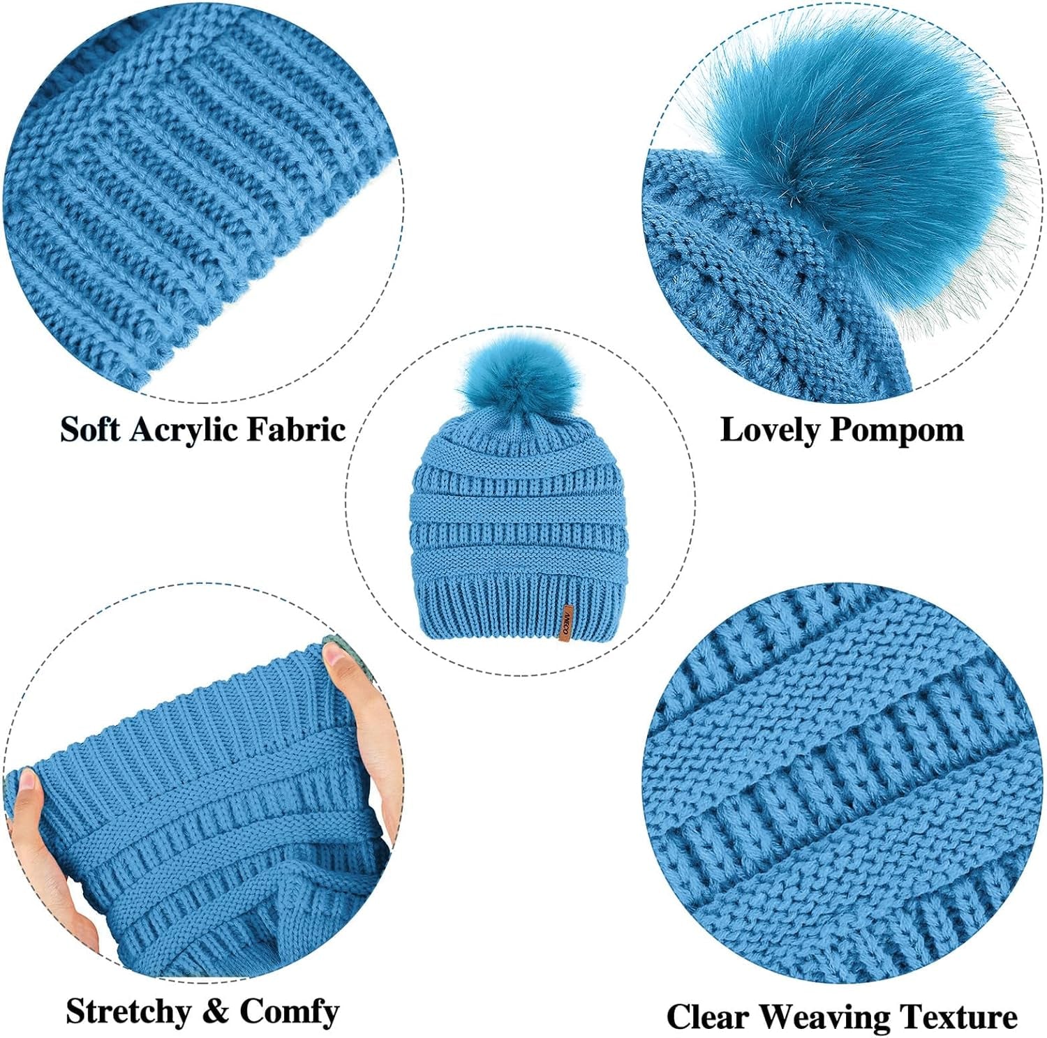 Women's Winter Warm Sets Knitted Fur Pompoms Beanie Hat Circle Loop Scarf Touch Screen Gloves Winter Favor Accessories