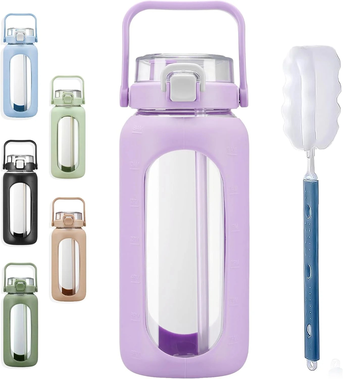 64Oz Water Jug, Glass Water Bottle Container with Straw, Lid and Silicone Sleeve, Purple