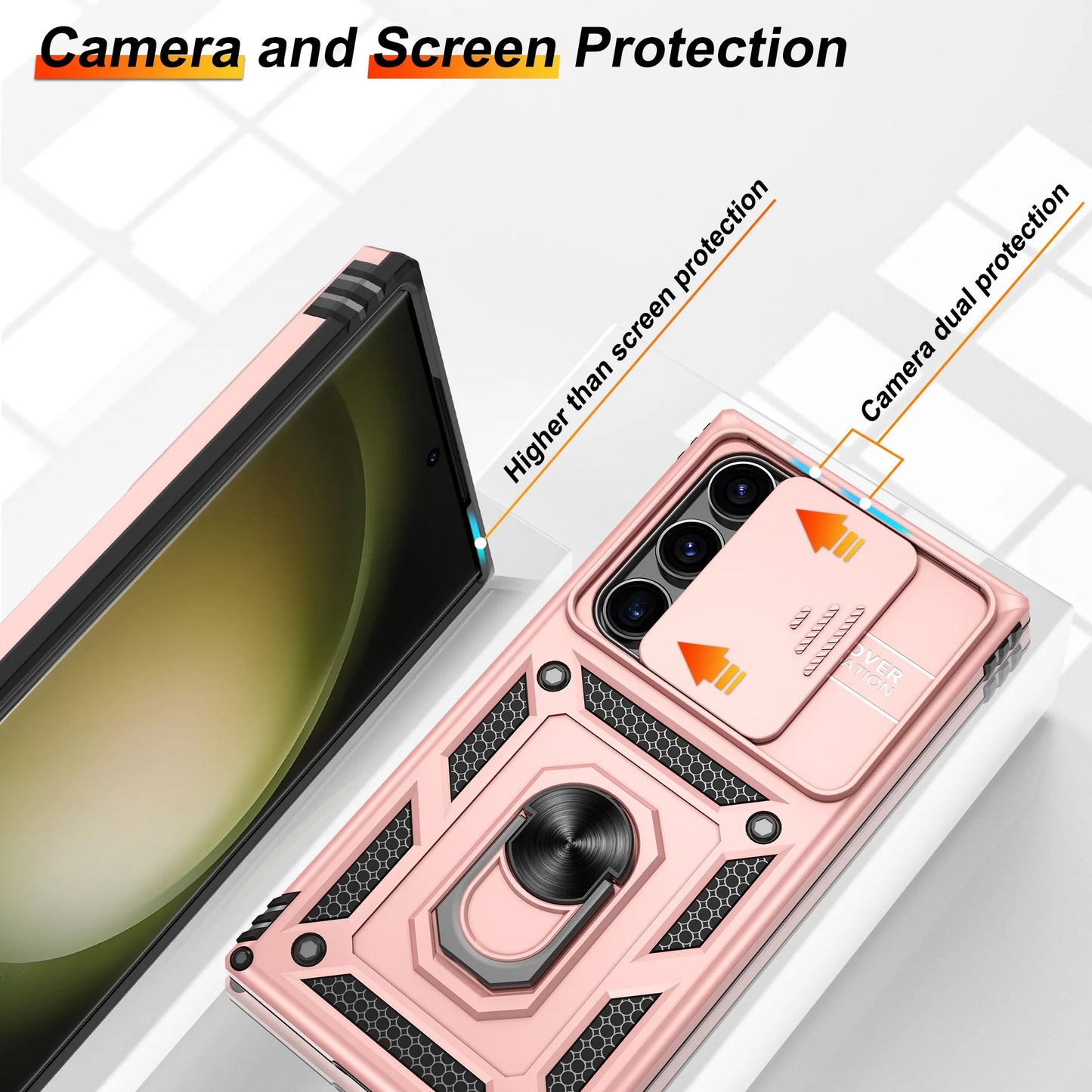 Cell Phone Case with Camera Cover and Screen Protector for Samsung Galaxy S24 Ultra, Pink