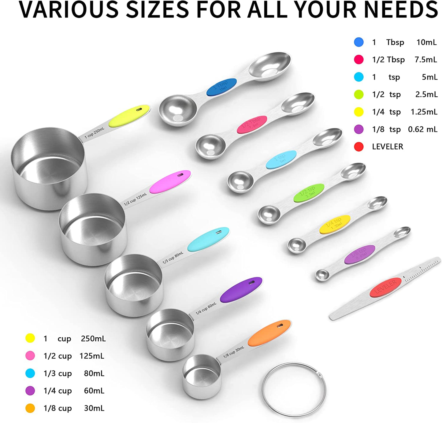 Measuring Cups and Magnetic Measuring Spoons Set, Stainless Steel Measuring Cups, 6 Double-Sided Stainless Steel Measuring Spoons & 1 Leveler (5+7)