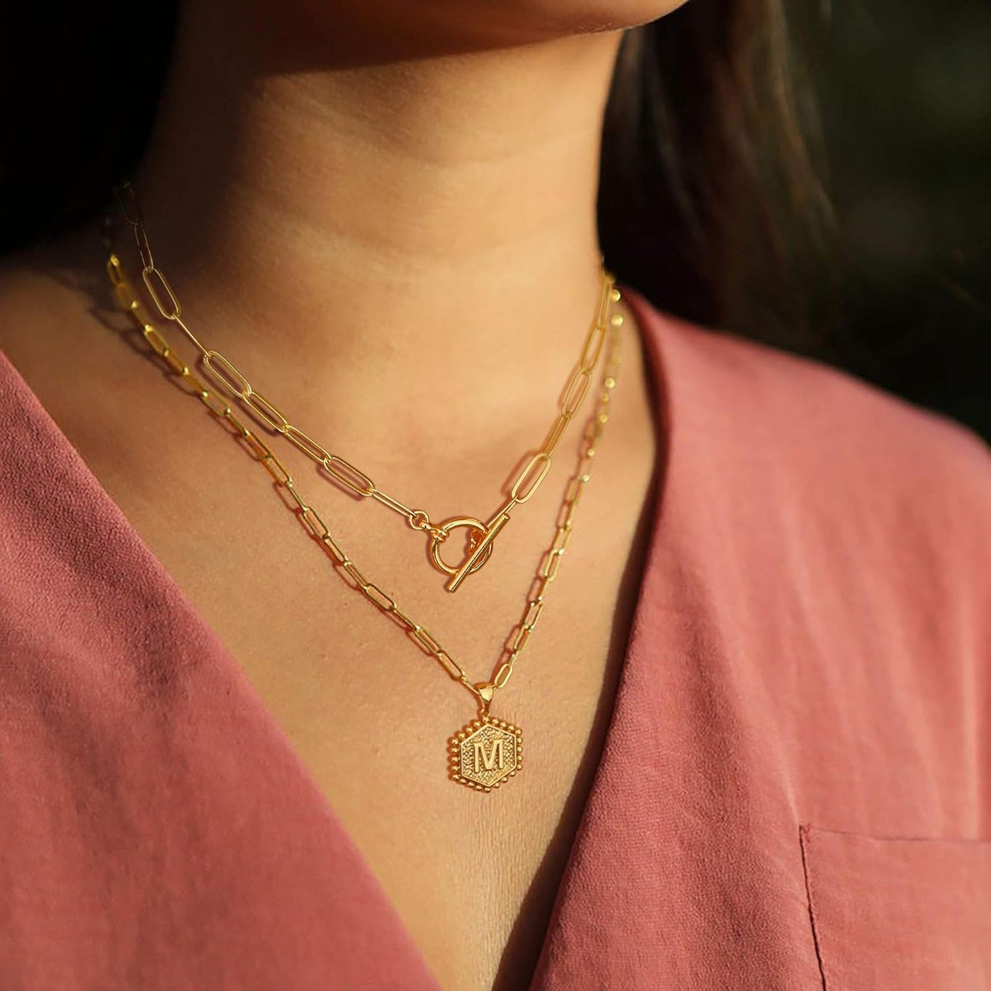 Gold Initial Necklaces for Women, 14K Real Gold Plated Layered Initial Necklace Hexagon Pendant Toggle Clasp Layering Gold Chain Necklaces for Women Gold Layered Choker Necklaces for Women