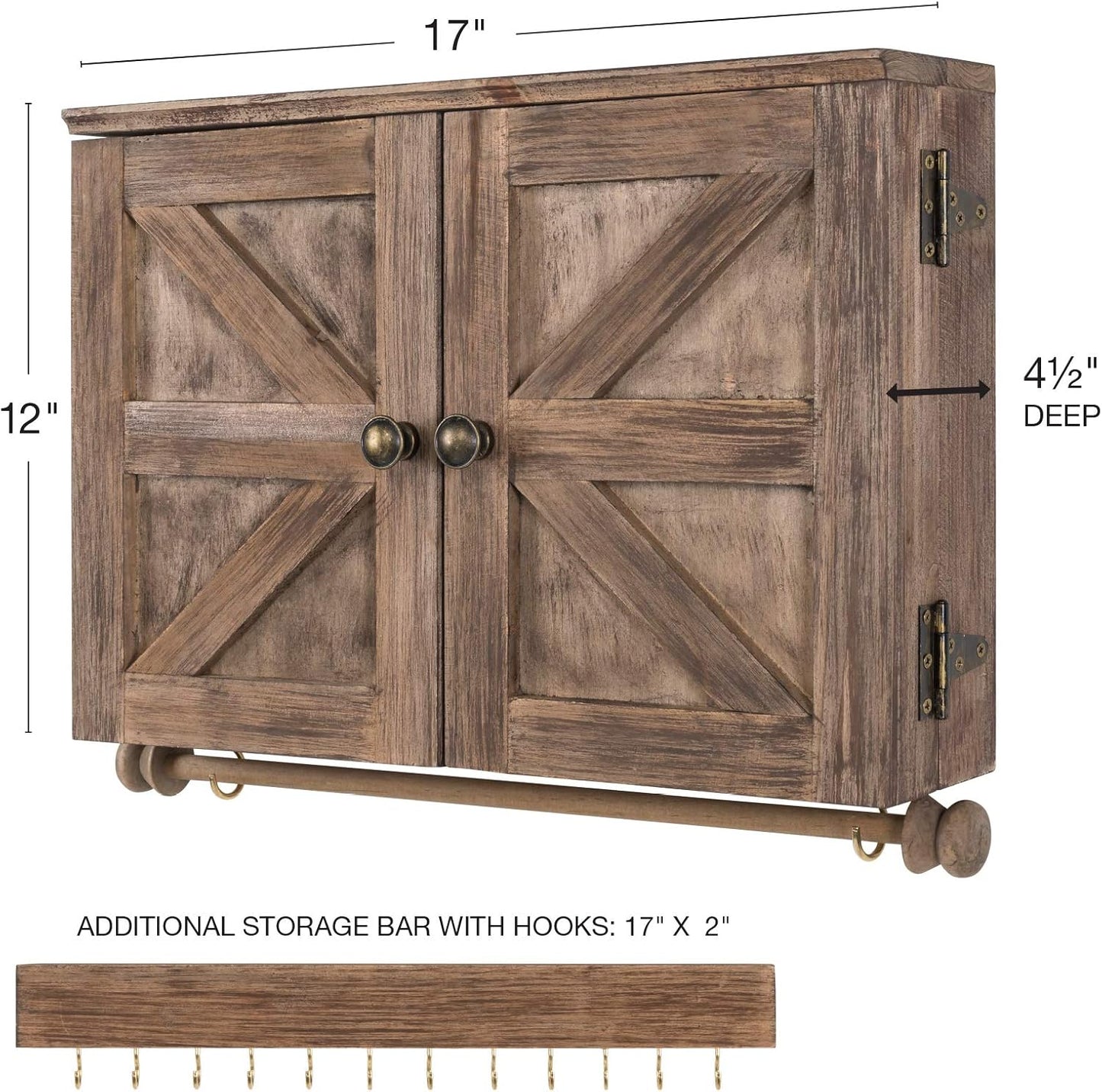 Rustic Wall Mounted Jewelry Organizer with Wooden Barndoor Decor. Jewelry Holder for Necklaces, Earrings, Bracelets, Ring Holder, and Accessories. Includes Hooks for Hanging Jewelry - Brown