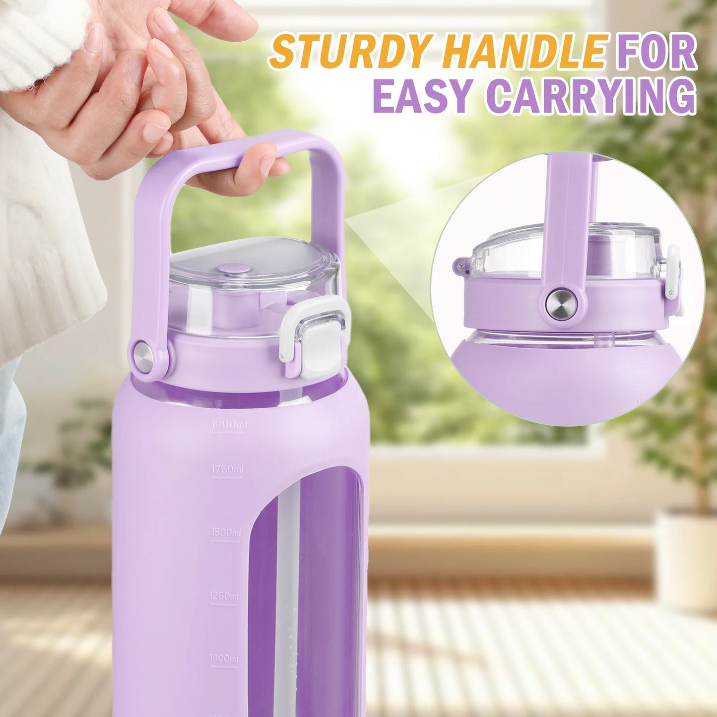 64Oz Water Jug, Glass Water Bottle Container with Straw, Lid and Silicone Sleeve, Purple