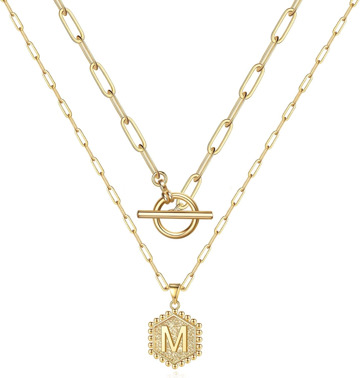 Gold Initial Necklaces for Women, 14K Real Gold Plated Layered Initial Necklace Hexagon Pendant Toggle Clasp Layering Gold Chain Necklaces for Women Gold Layered Choker Necklaces for Women