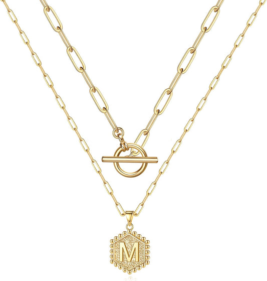 Gold Initial Necklaces for Women, 14K Real Gold Plated Layered Initial Necklace Hexagon Pendant Toggle Clasp Layering Gold Chain Necklaces for Women Gold Layered Choker Necklaces for Women