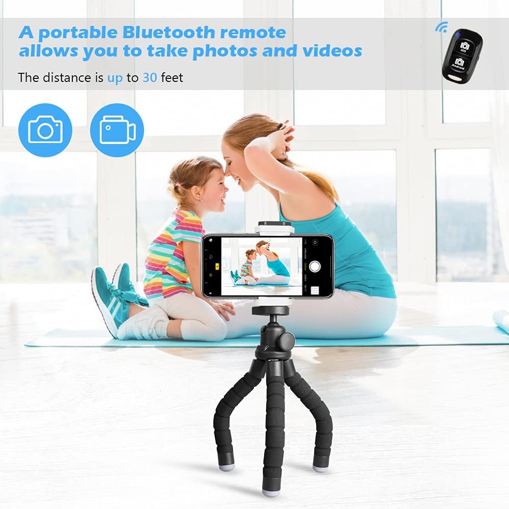 Phone Tripod, Portable and Flexible Tripod with Wireless Remote and Clip, Cell Phone Tripod Stand for Video Recording Black