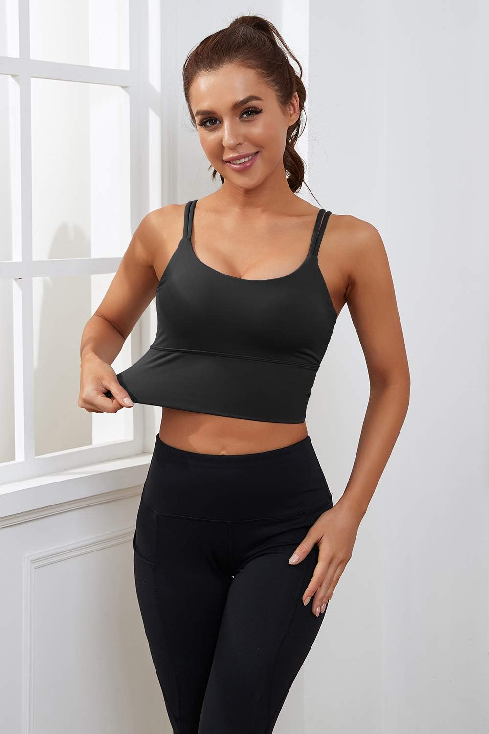 Women's Longline Sports Bra Padded Yoga Workout Crop Tank Tops Strappy Camisole Fitness Shirts