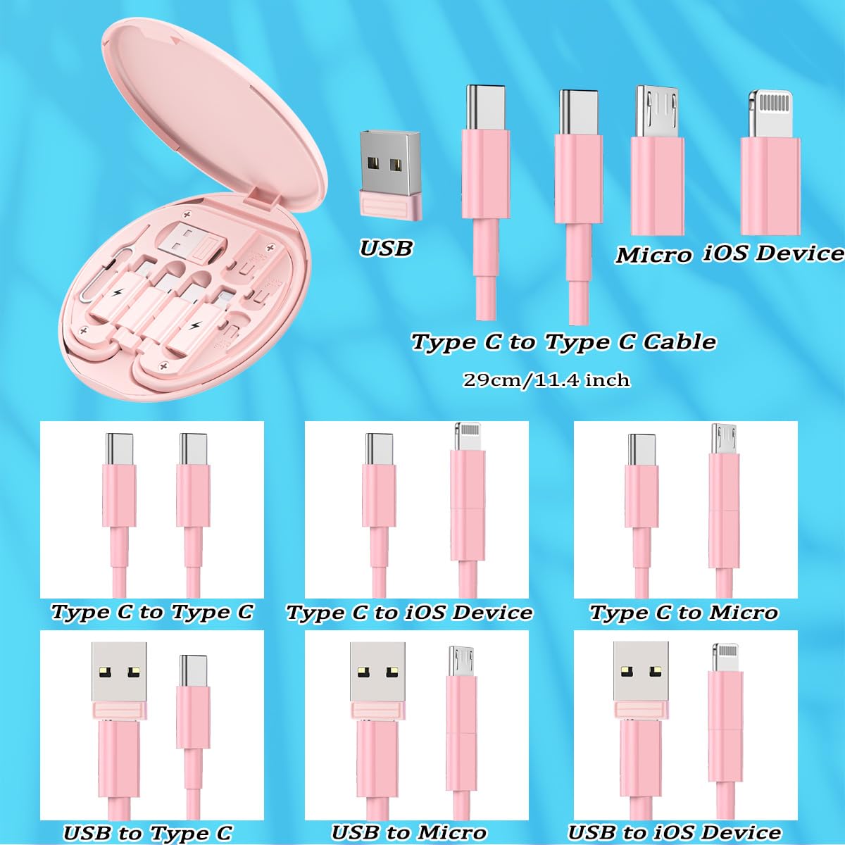 Multi USB Charging Adapter Cable Kit, USB C to Ios Device Adapter Box, Conversion Set USB a & Type C to Male Micro/Type C/Ios Device, Data Transfer, Card Storage, Tray Eject Pin, Phone Holder (Pink)