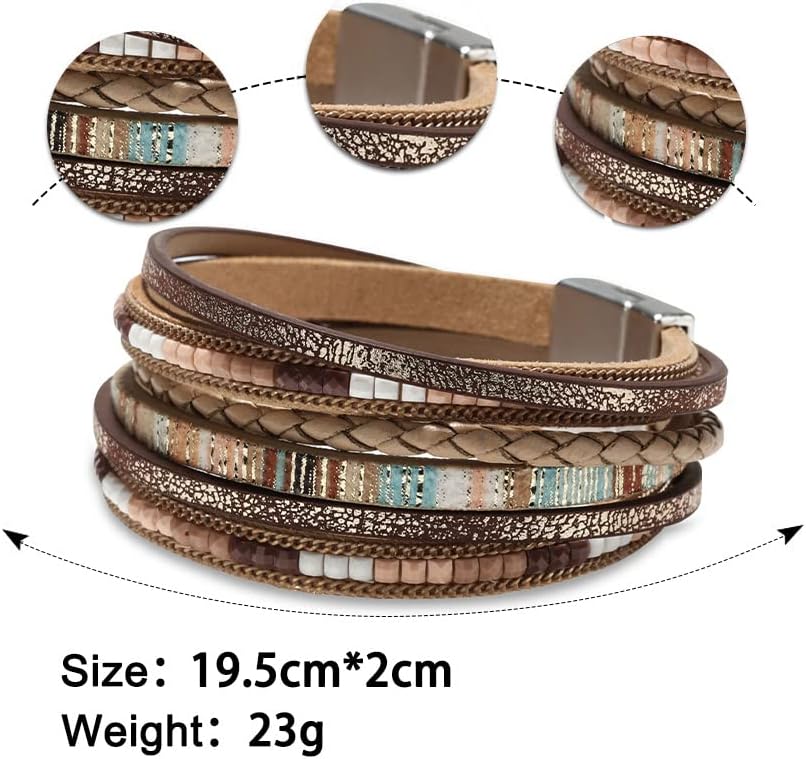 Leather Wrap Bracelets for Women, Boho Leopard Multi-Layer Crystal Beads Cuff Bracelet Jewelry