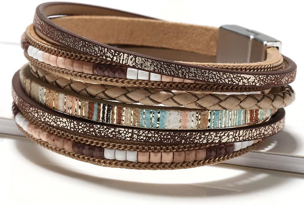 Leather Wrap Bracelets for Women, Boho Leopard Multi-Layer Crystal Beads Cuff Bracelet Jewelry