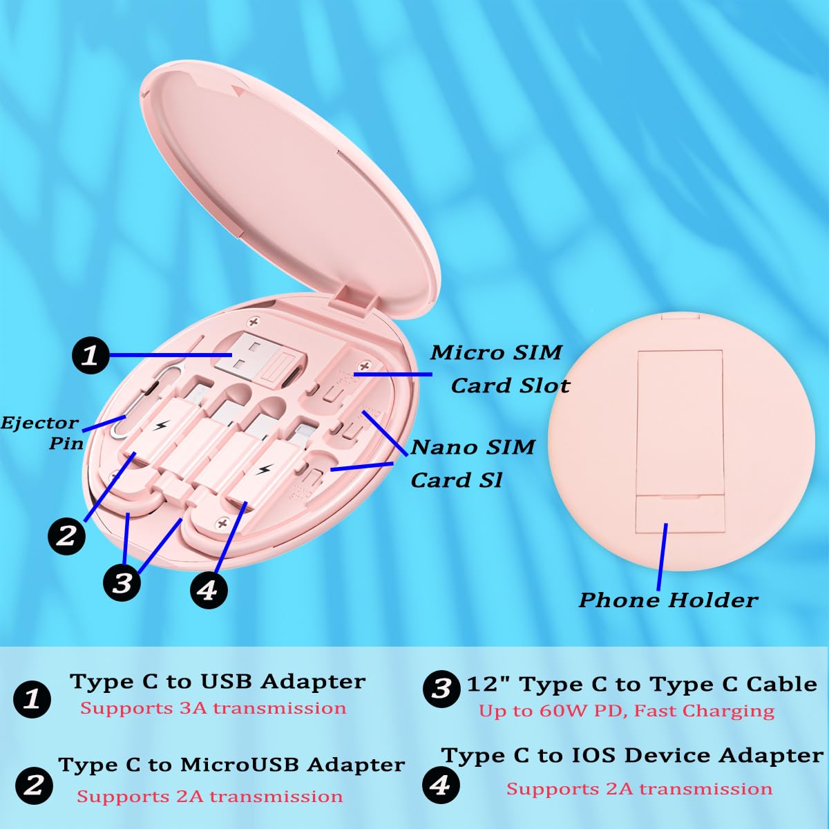 Multi USB Charging Adapter Cable Kit, USB C to Ios Device Adapter Box, Conversion Set USB a & Type C to Male Micro/Type C/Ios Device, Data Transfer, Card Storage, Tray Eject Pin, Phone Holder (Pink)