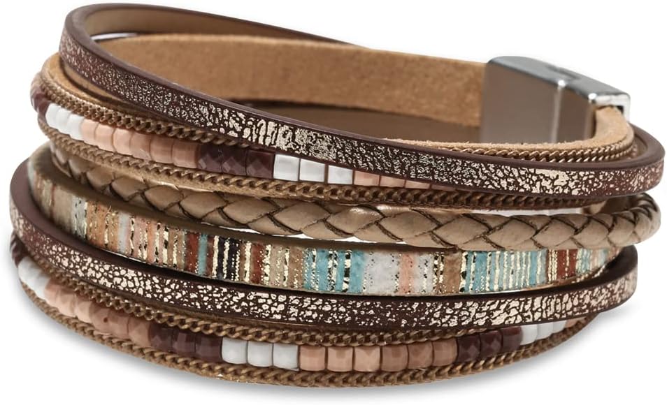 Leather Wrap Bracelets for Women, Boho Leopard Multi-Layer Crystal Beads Cuff Bracelet Jewelry