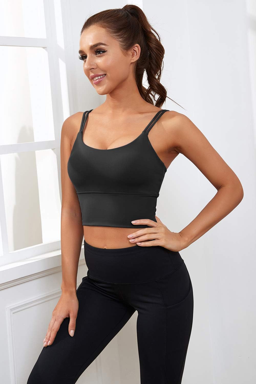 Women's Longline Sports Bra Padded Yoga Workout Crop Tank Tops Strappy Camisole Fitness Shirts