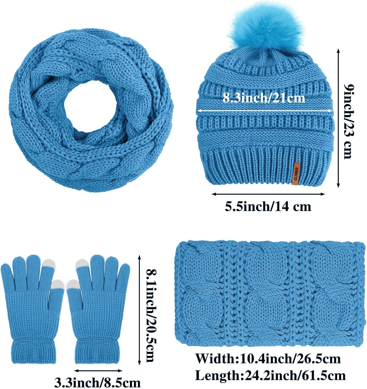 Women's Winter Warm Sets Knitted Fur Pompoms Beanie Hat Circle Loop Scarf Touch Screen Gloves Winter Favor Accessories