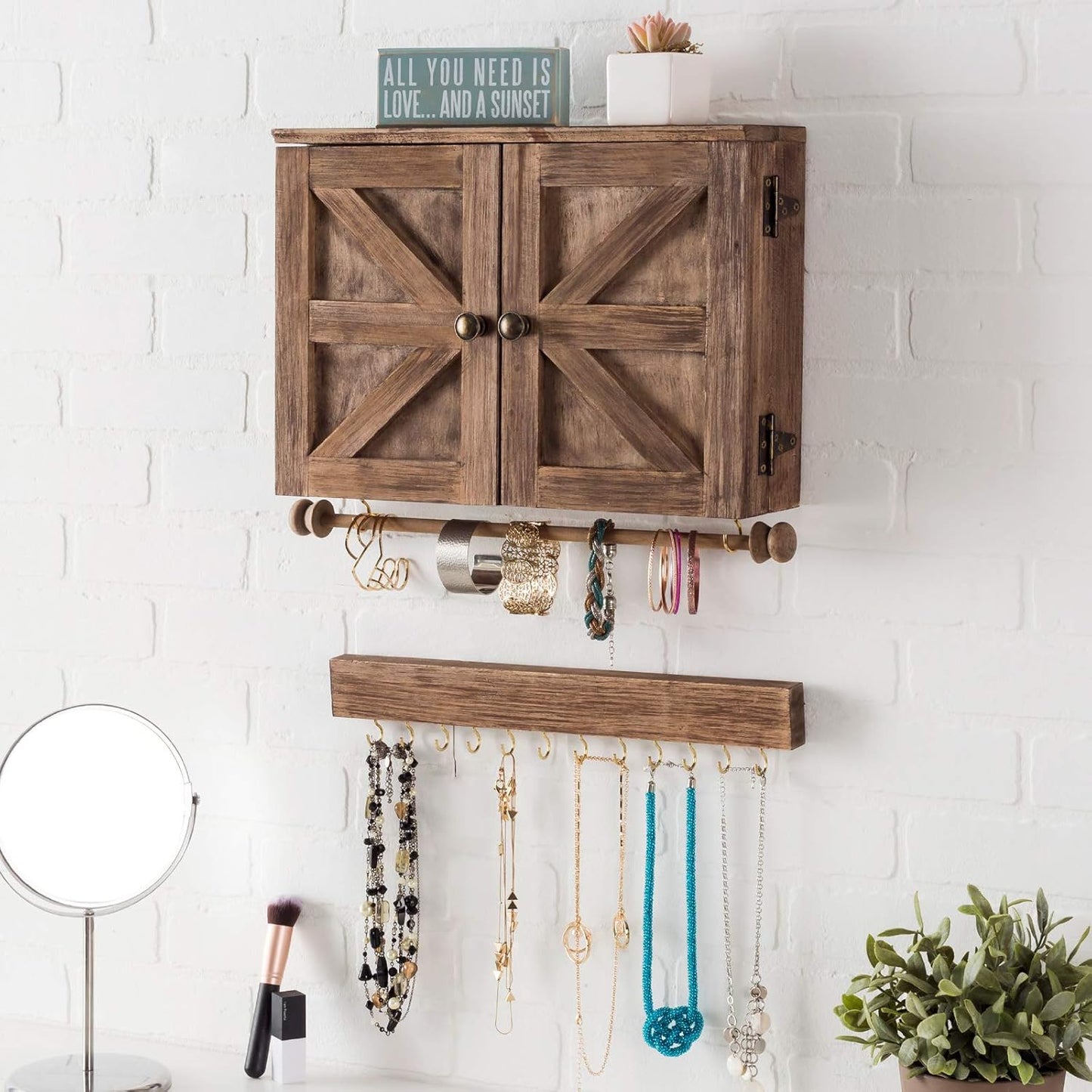 Rustic Wall Mounted Jewelry Organizer with Wooden Barndoor Decor. Jewelry Holder for Necklaces, Earrings, Bracelets, Ring Holder, and Accessories. Includes Hooks for Hanging Jewelry - Brown