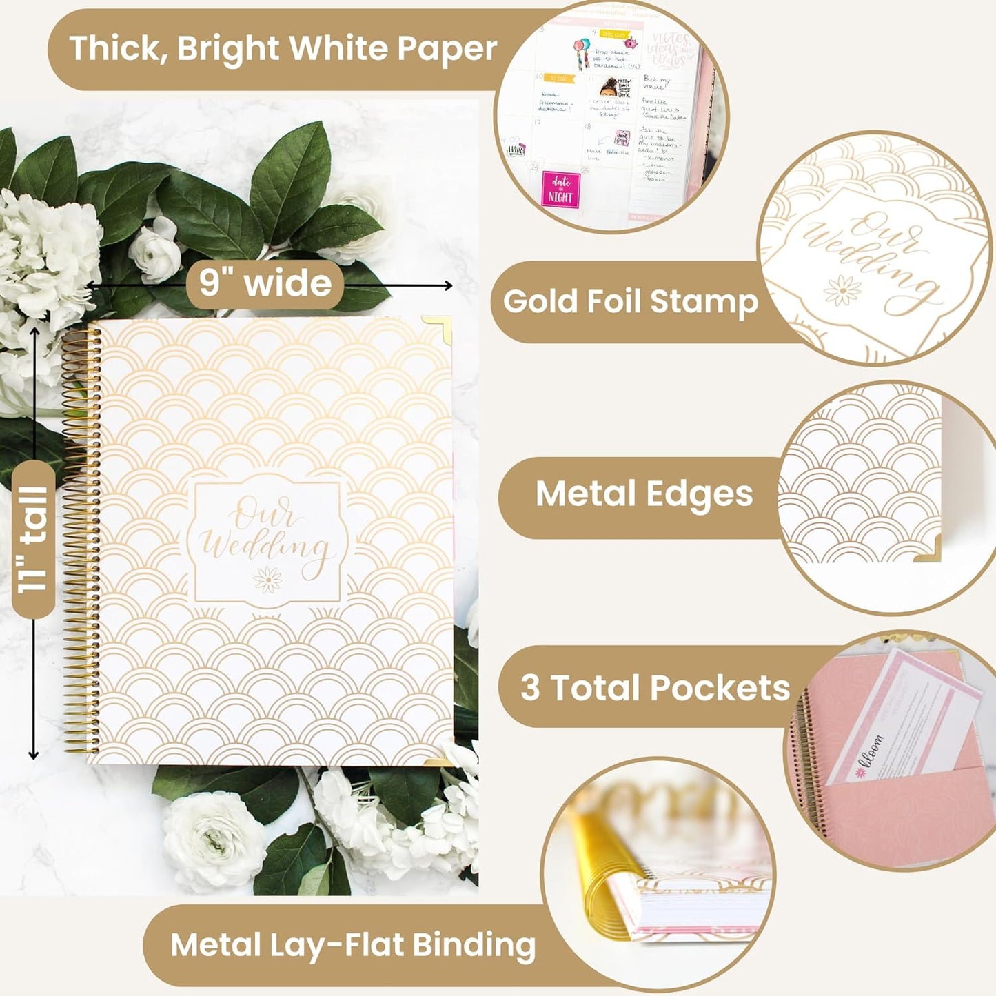 Wedding Planner & Organizer/Hardcover Keepsake Journal with Essential Planning Tools - Checklists, Vision Boards, Tips & More - 9"X11" (Gold Scallops)