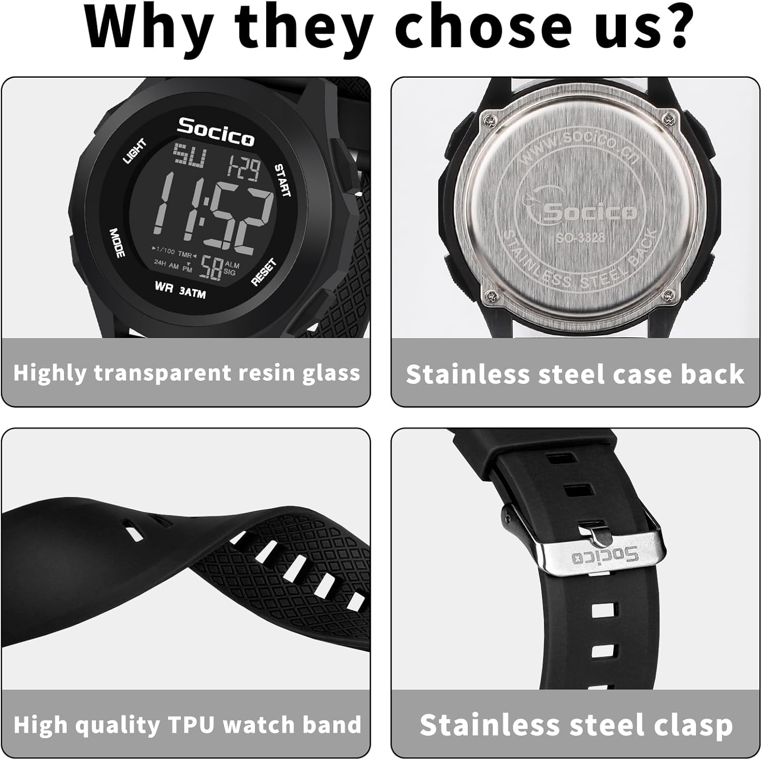 Digital Watch 3ATM Waterproof with LED Back Light/Alarm/Date/Stopwatch, Outdoor Sport Multifunctional Digital Wrist Watches for Men Women