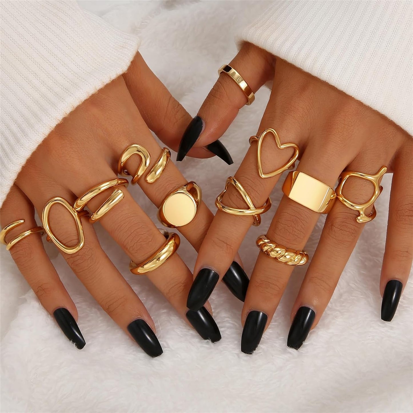 12PCS Gold Stackable Rings Set for Women, 18K Gold Plated Open Stacking Knuckle Ring, Adjustable Chunky Signet Rings for Gift