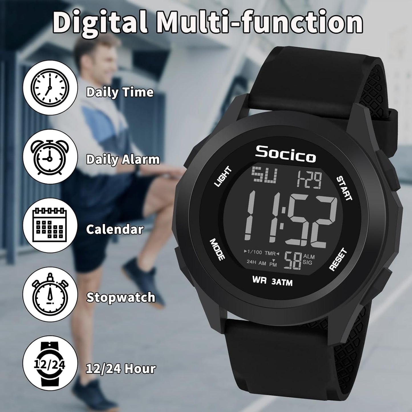 Digital Watch 3ATM Waterproof with LED Back Light/Alarm/Date/Stopwatch, Outdoor Sport Multifunctional Digital Wrist Watches for Men Women