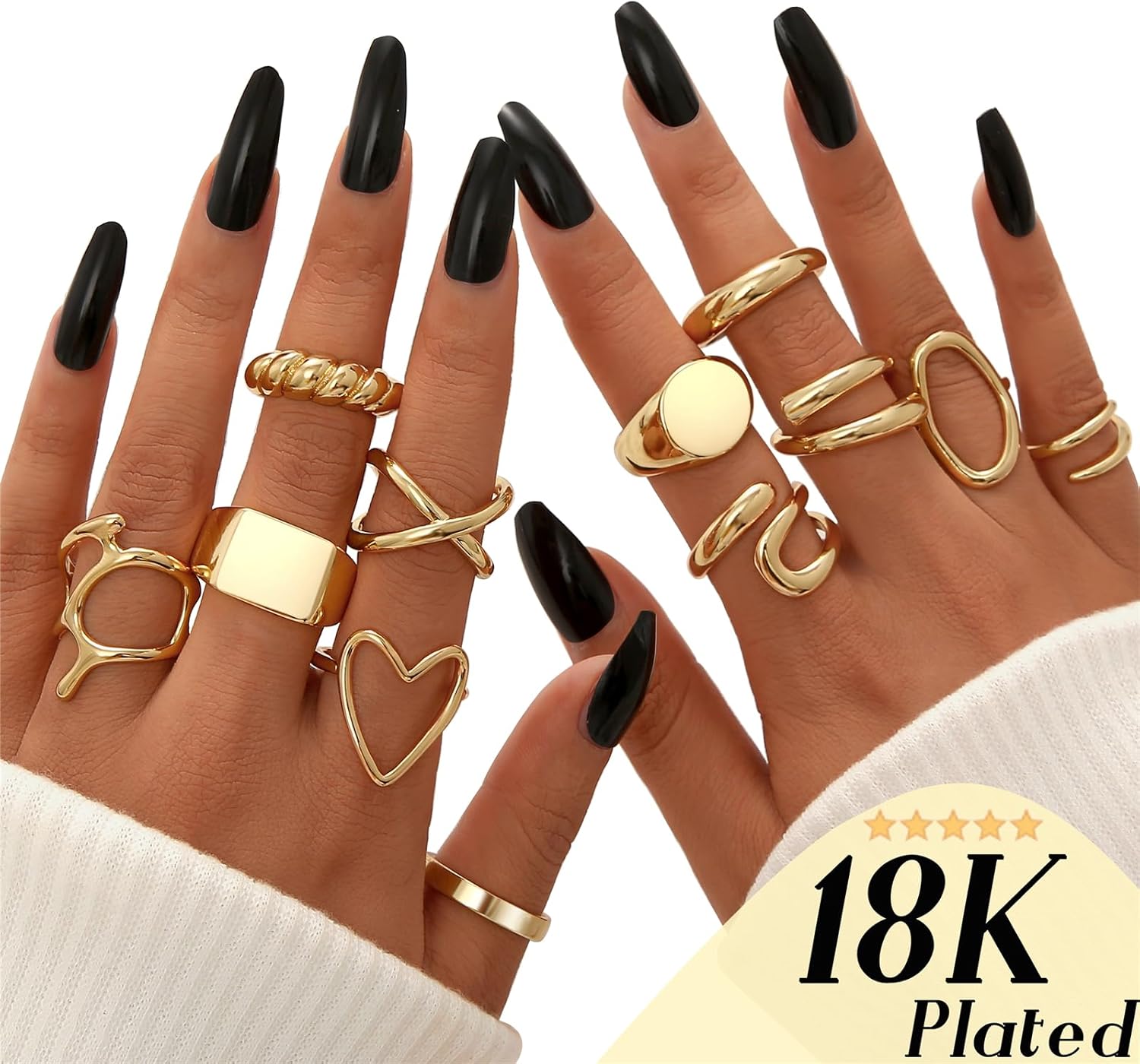 12PCS Gold Stackable Rings Set for Women, 18K Gold Plated Open Stacking Knuckle Ring, Adjustable Chunky Signet Rings for Gift