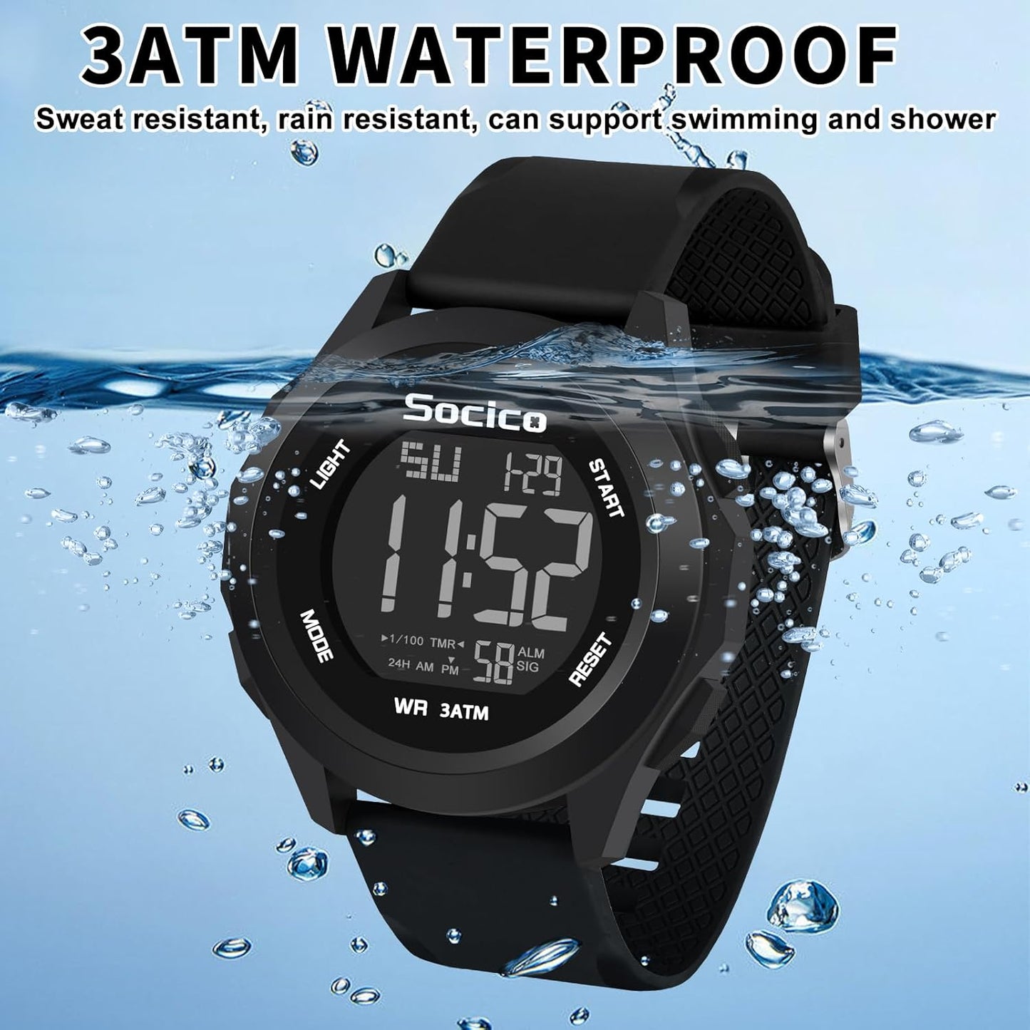 Digital Watch 3ATM Waterproof with LED Back Light/Alarm/Date/Stopwatch, Outdoor Sport Multifunctional Digital Wrist Watches for Men Women