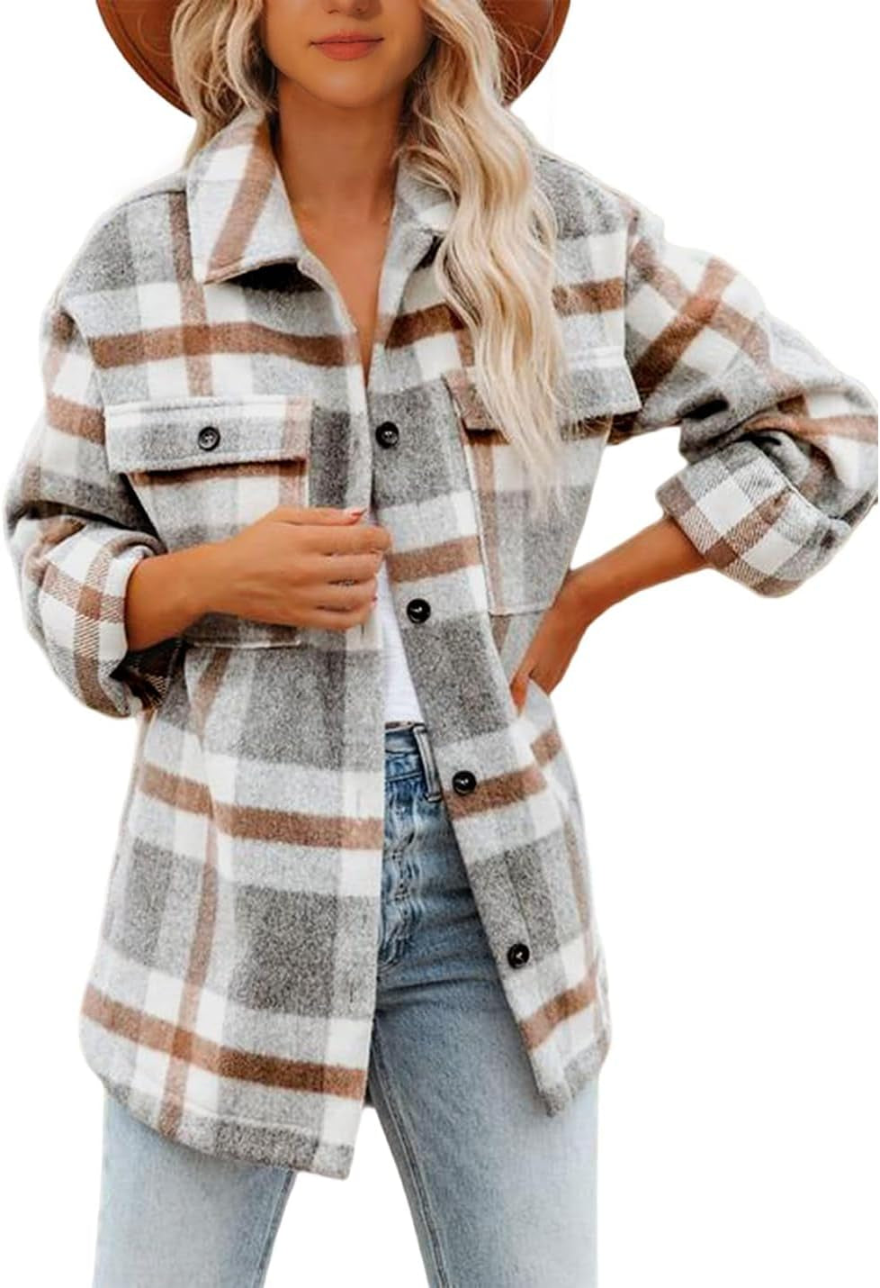 Womens Casual Wool Blend Plaid Flannel Shackets Jacket Button down Shirt Coat