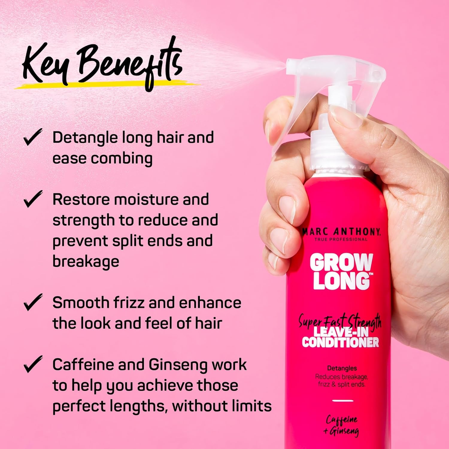 Leave-In Conditioner Spray & Detangler, Grow Long Biotin - Anti-Frizz Deep Conditioner for Split Ends & Breakage - Vitamin E, Caffeine & Ginseng for Curly, Dry & Damaged Hair