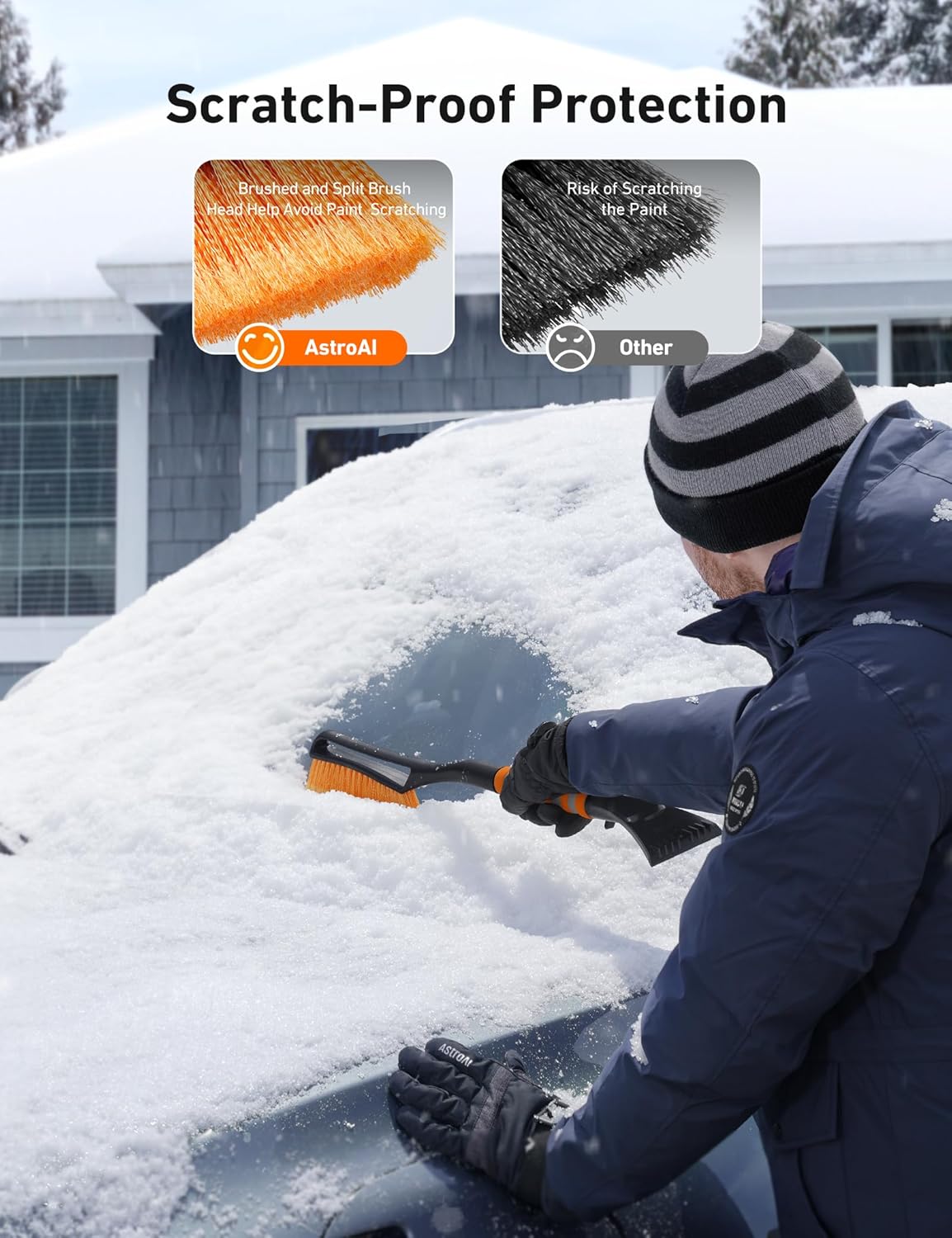 27" Snow Brush and Ice Scrapers for Car Windshield, Detachable Snow Scrapers with Ergonomic Foam Grip for Cars, Trucks, Suvs (Heavy Duty ABS, PVC Brush, Orange)