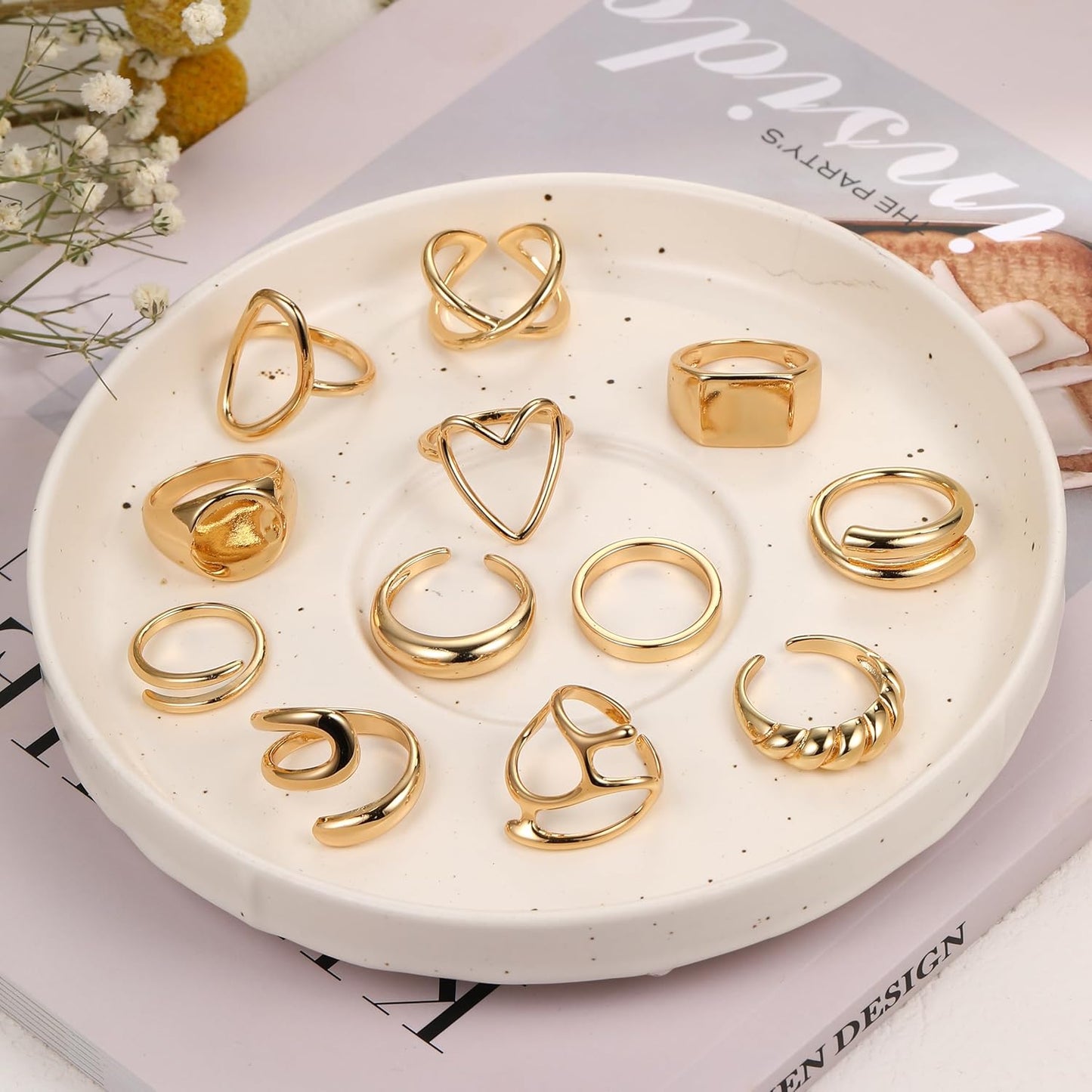 12PCS Gold Stackable Rings Set for Women, 18K Gold Plated Open Stacking Knuckle Ring, Adjustable Chunky Signet Rings for Gift