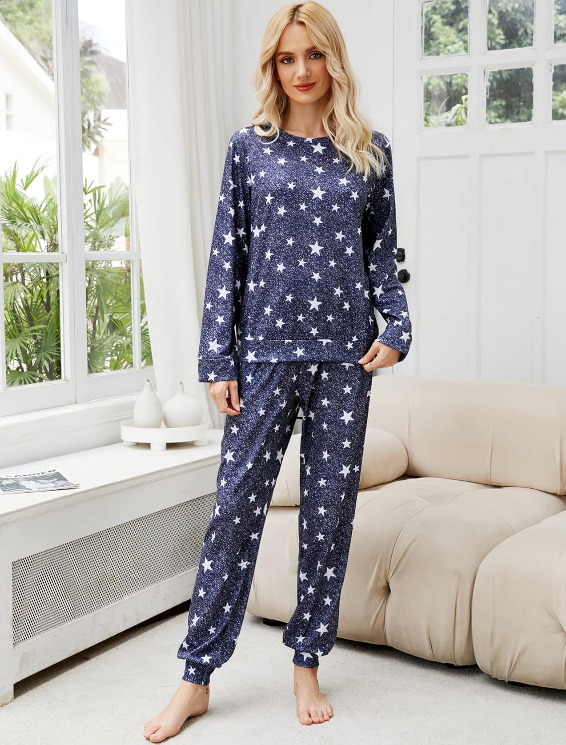 Womens Pajamas Set Sleepwear Casual Tops and Lounge Pants Soft Sleeping Pjs Set with Pockets