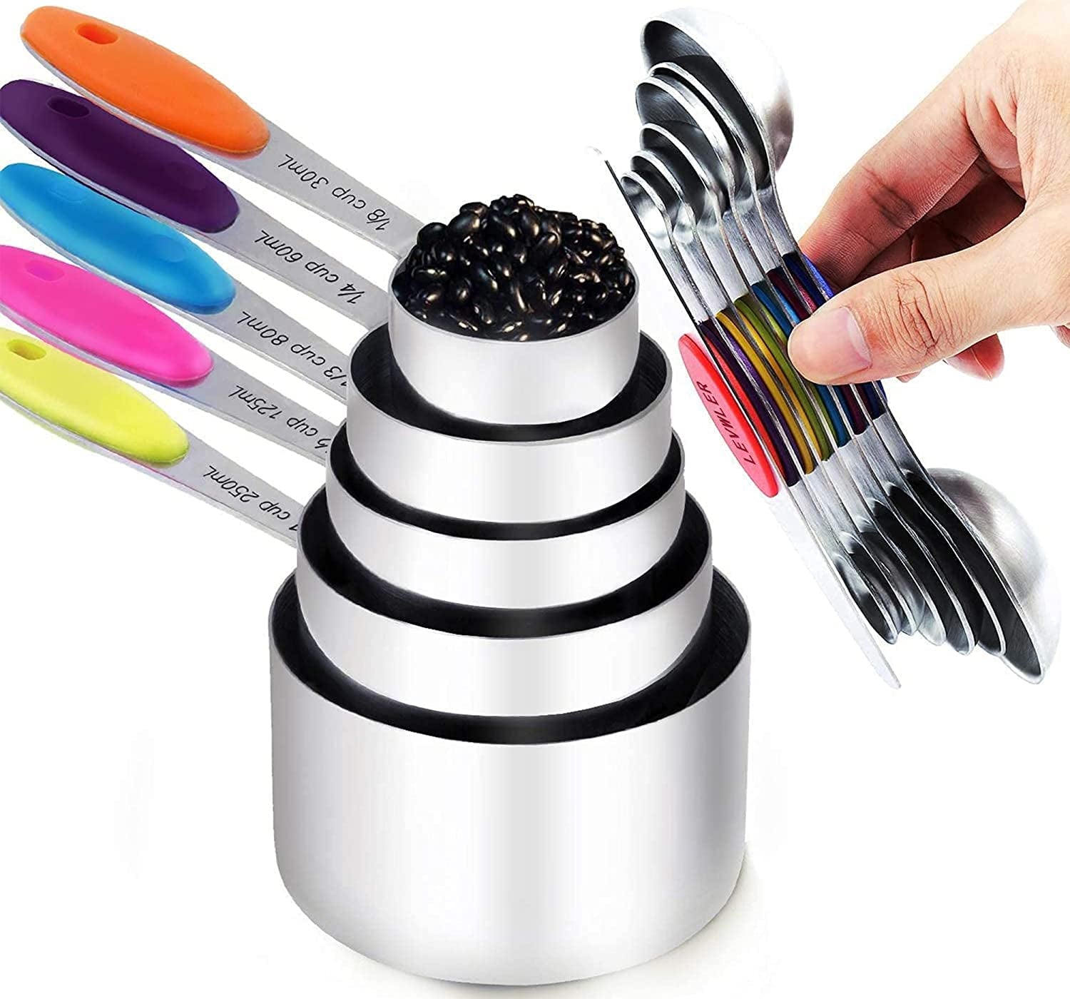 Measuring Cups and Magnetic Measuring Spoons Set, Stainless Steel Measuring Cups, 6 Double-Sided Stainless Steel Measuring Spoons & 1 Leveler (5+7)