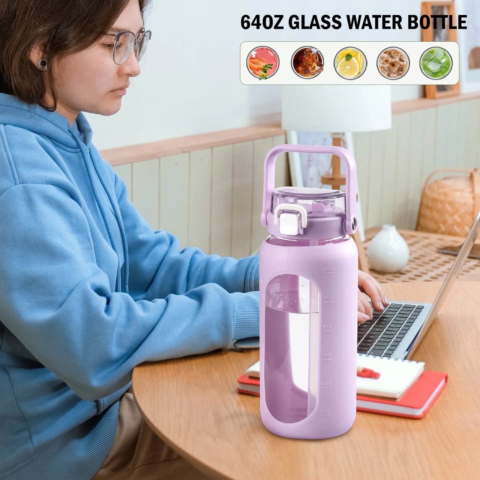 64Oz Water Jug, Glass Water Bottle Container with Straw, Lid and Silicone Sleeve, Purple