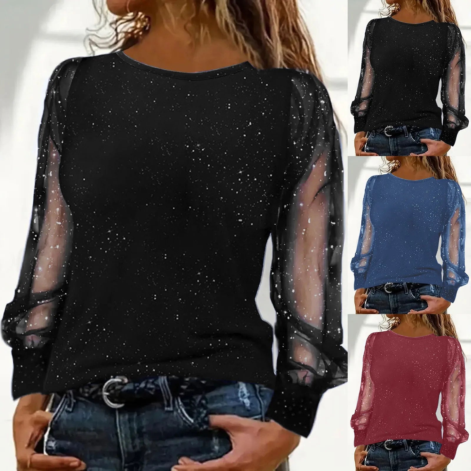 Sequin Blouse Women Autumn round Neck Dot Print Shirts Spring Mesh Long Sleeve Clothing Female Streetwear 2024 Roupas Femininas