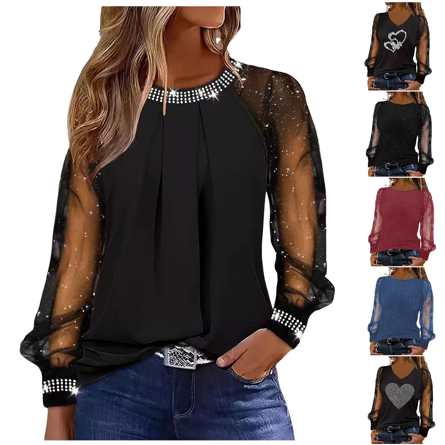 Sequin Blouse Women Autumn round Neck Dot Print Shirts Spring Mesh Long Sleeve Clothing Female Streetwear 2024 Roupas Femininas