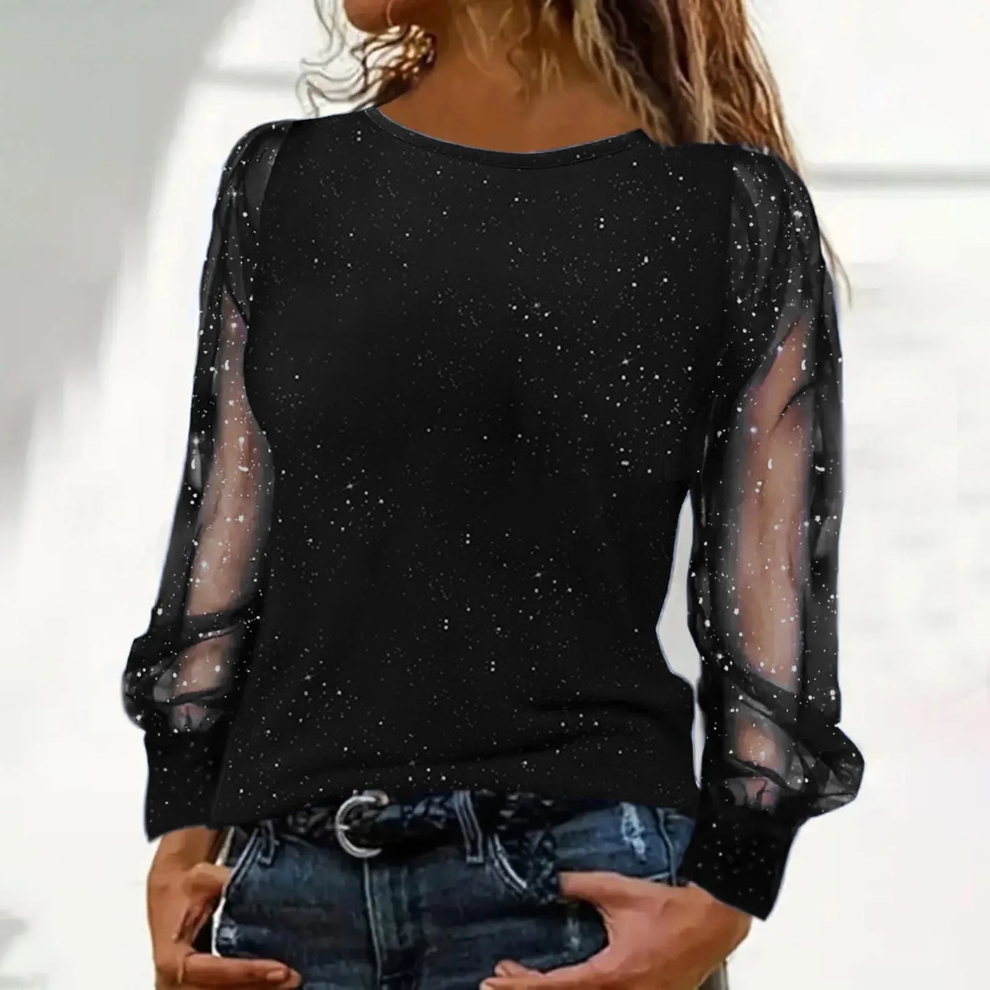 Sequin Blouse Women Autumn round Neck Dot Print Shirts Spring Mesh Long Sleeve Clothing Female Streetwear 2024 Roupas Femininas