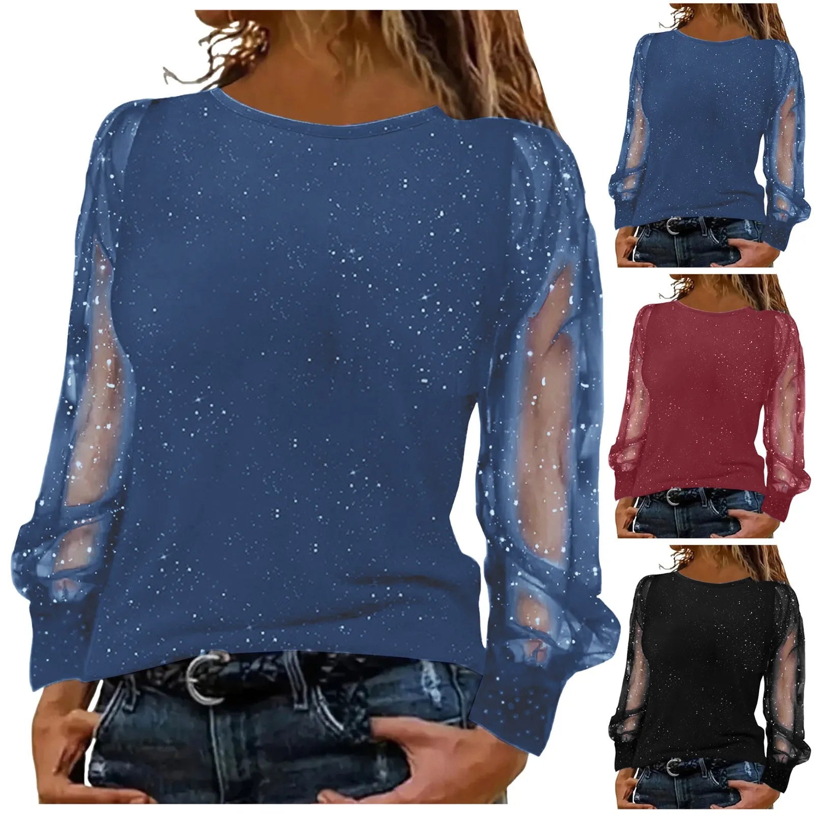 Sequin Blouse Women Autumn round Neck Dot Print Shirts Spring Mesh Long Sleeve Clothing Female Streetwear 2024 Roupas Femininas