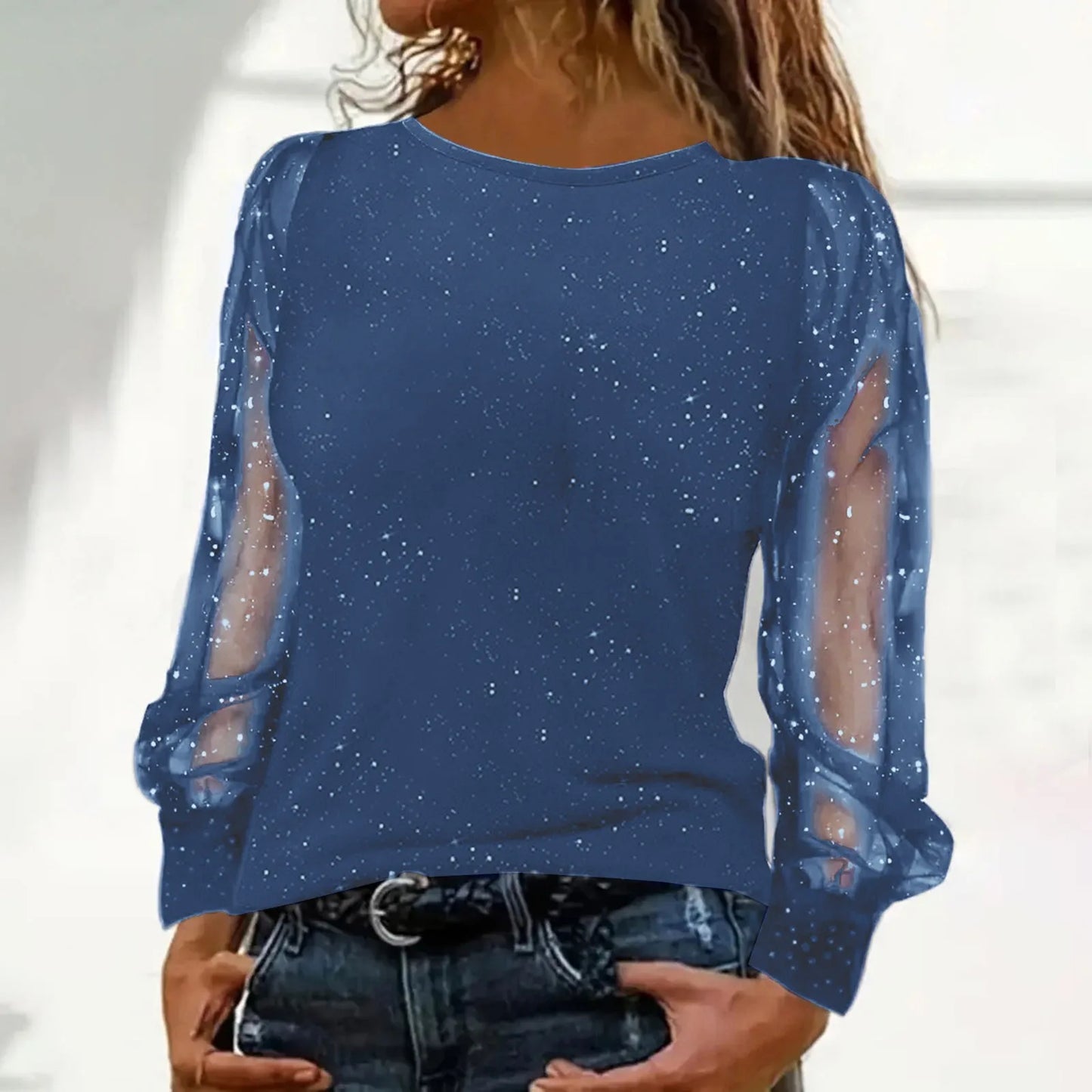 Sequin Blouse Women Autumn round Neck Dot Print Shirts Spring Mesh Long Sleeve Clothing Female Streetwear 2024 Roupas Femininas