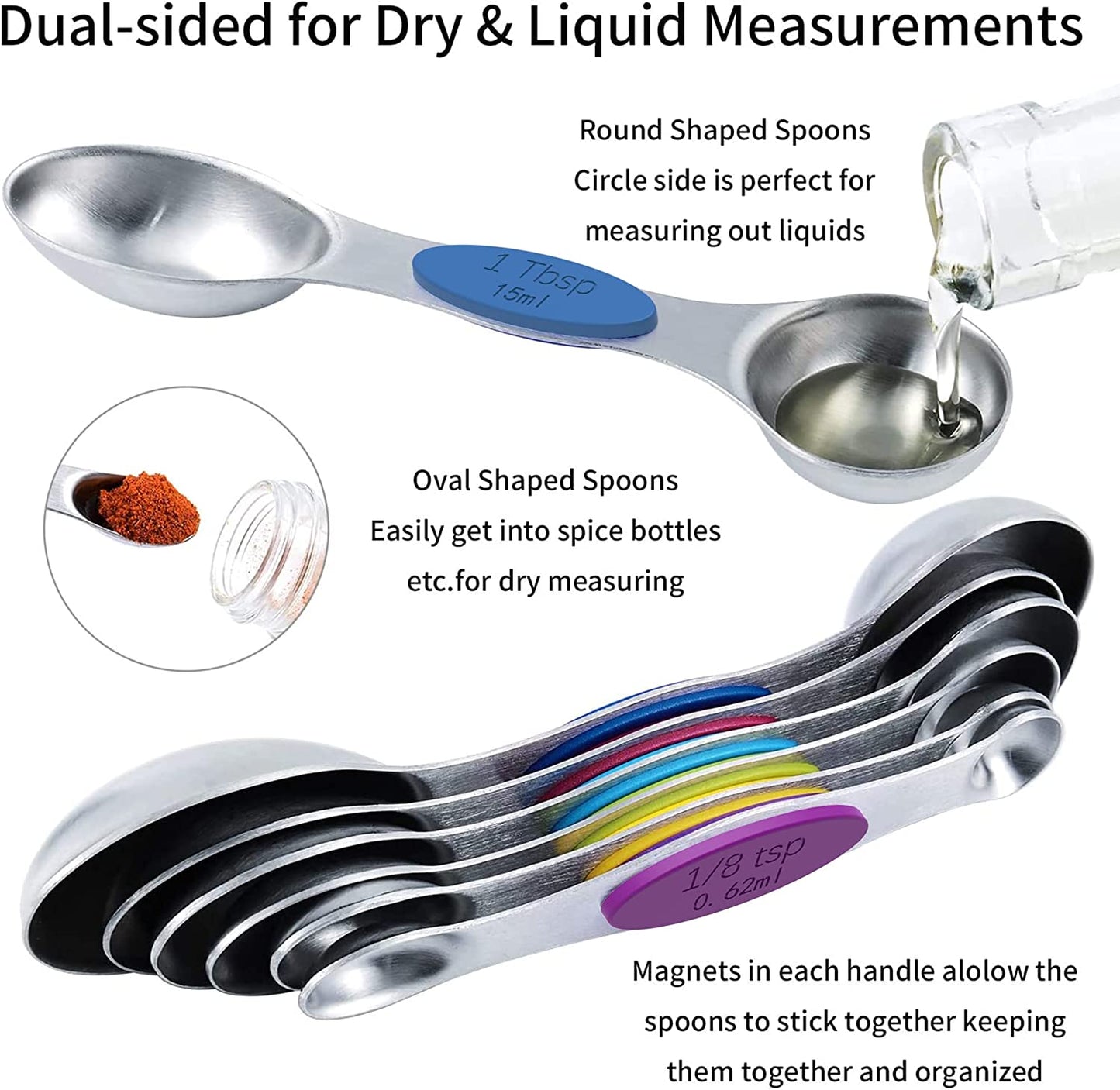 Measuring Cups and Magnetic Measuring Spoons Set, Stainless Steel Measuring Cups, 6 Double-Sided Stainless Steel Measuring Spoons & 1 Leveler (5+7)