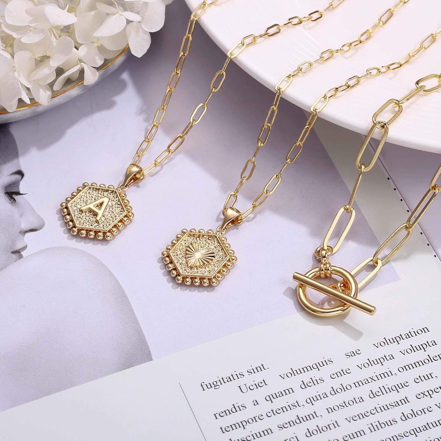 Gold Initial Necklaces for Women, 14K Real Gold Plated Layered Initial Necklace Hexagon Pendant Toggle Clasp Layering Gold Chain Necklaces for Women Gold Layered Choker Necklaces for Women