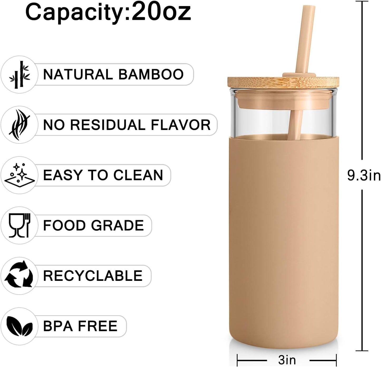 20 Oz Glass Tumbler Glass Water Bottle Straw Silicone Protective Sleeve Bamboo Lid - BPA Free - White