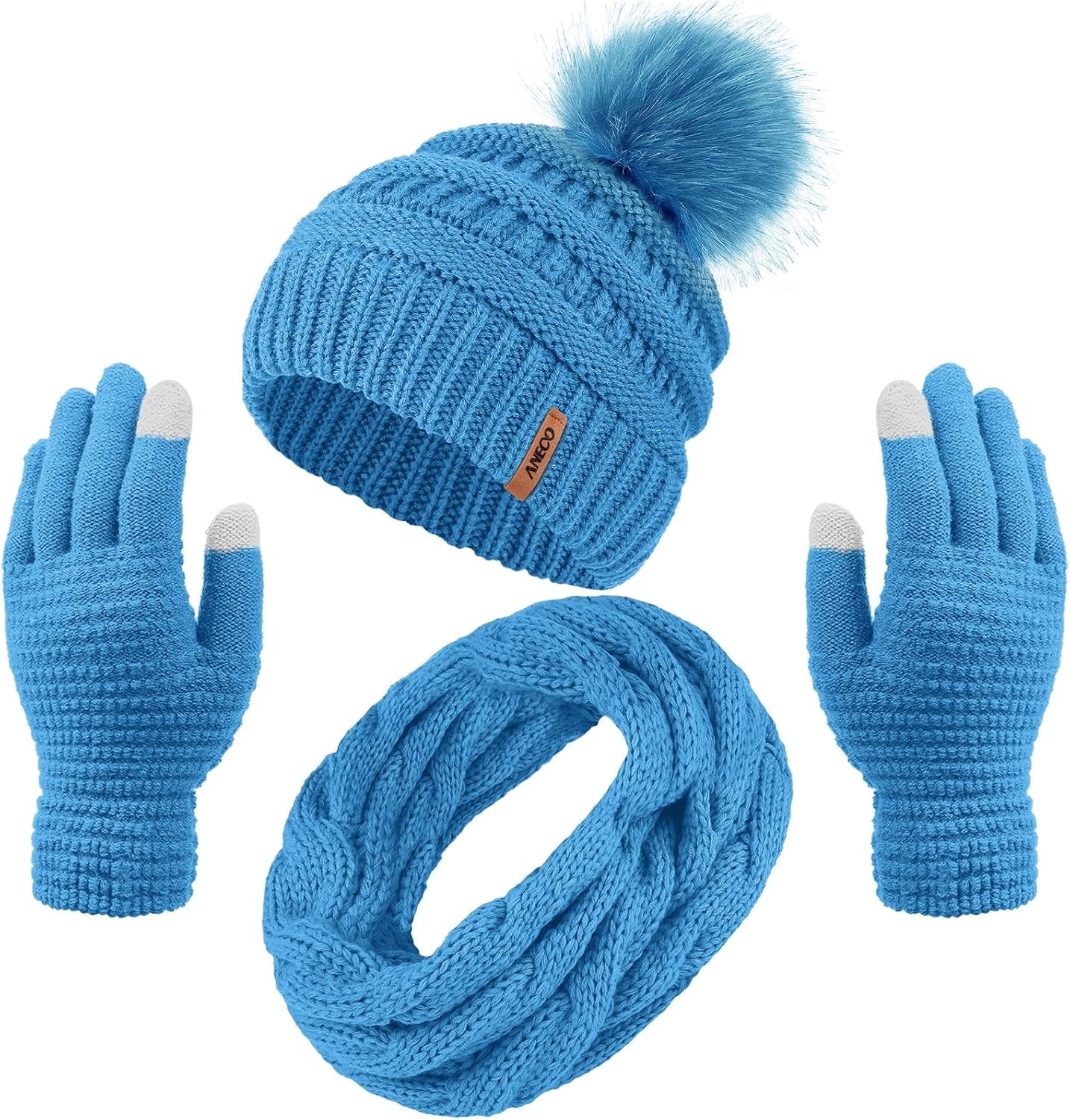 Women's Winter Warm Sets Knitted Fur Pompoms Beanie Hat Circle Loop Scarf Touch Screen Gloves Winter Favor Accessories