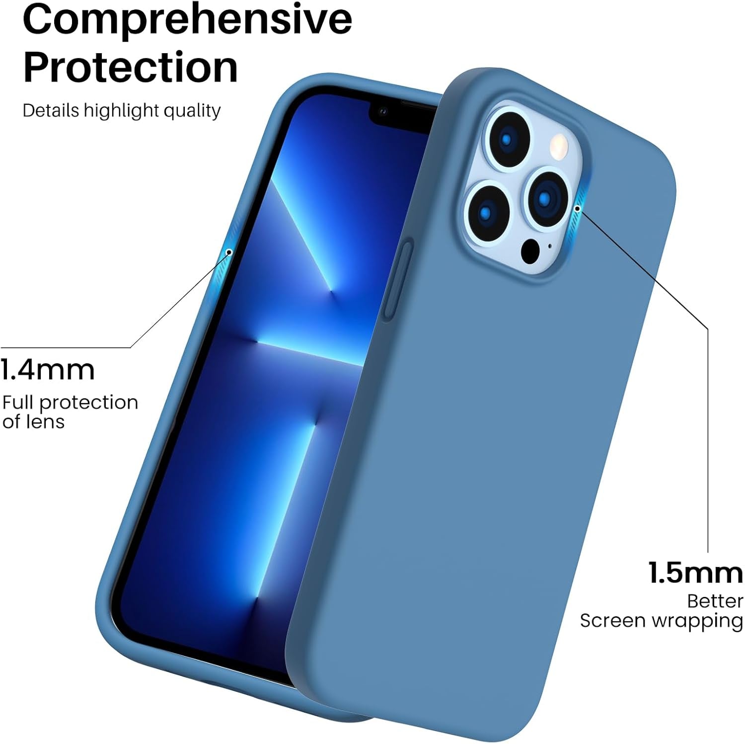 Shockproof Liquid Silicone Designed for Iphone 13 Pro Case Gel Rubber Comprehensive Protection Anti-Shock Cover Case Drop Protection 6.1Inch-Blue