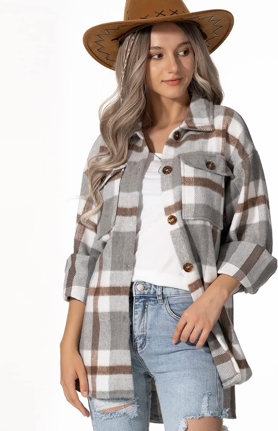 Womens Casual Wool Blend Plaid Flannel Shackets Jacket Button down Shirt Coat