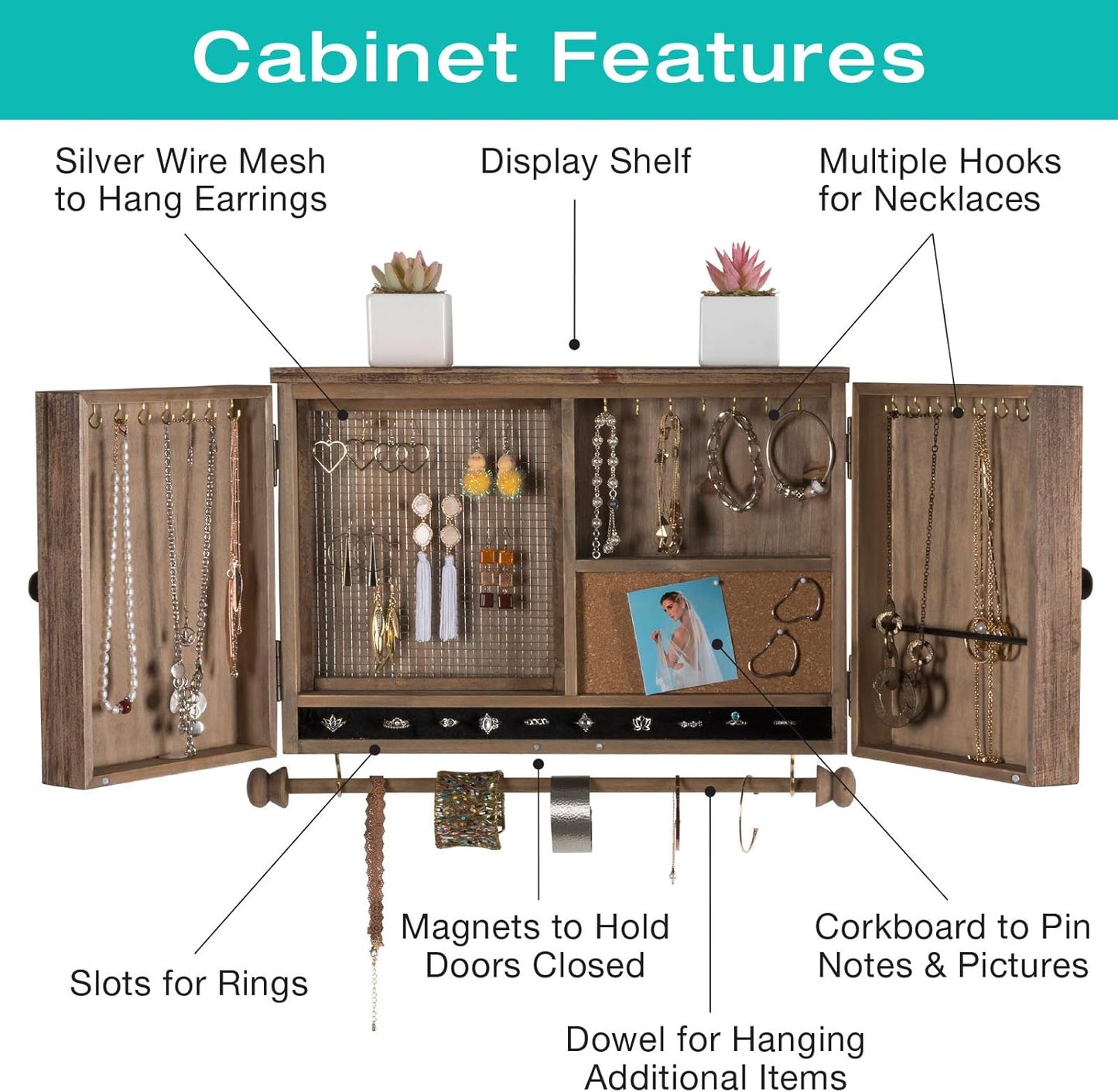 Rustic Wall Mounted Jewelry Organizer with Wooden Barndoor Decor. Jewelry Holder for Necklaces, Earrings, Bracelets, Ring Holder, and Accessories. Includes Hooks for Hanging Jewelry - Brown