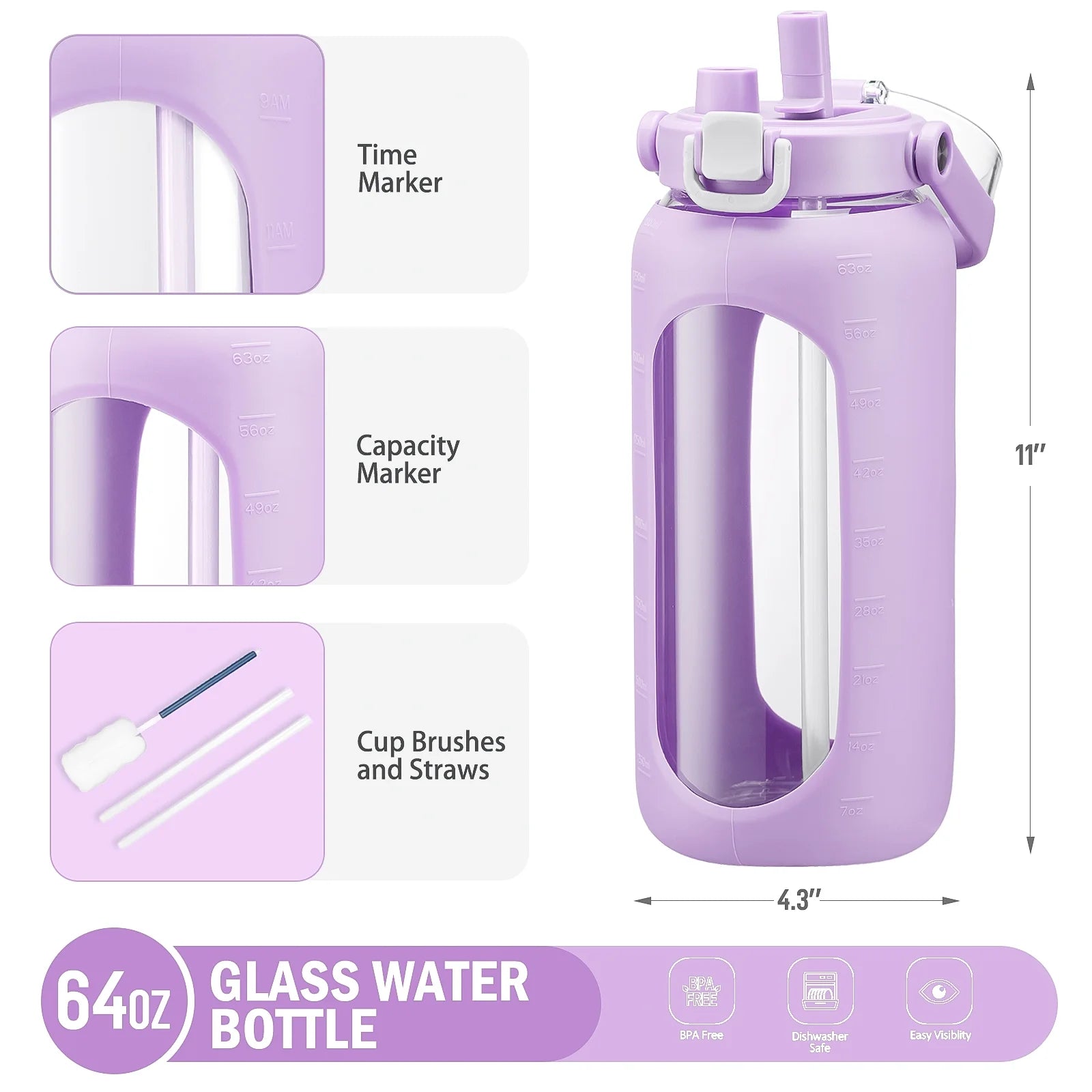 64Oz Water Jug, Glass Water Bottle Container with Straw, Lid and Silicone Sleeve, Purple