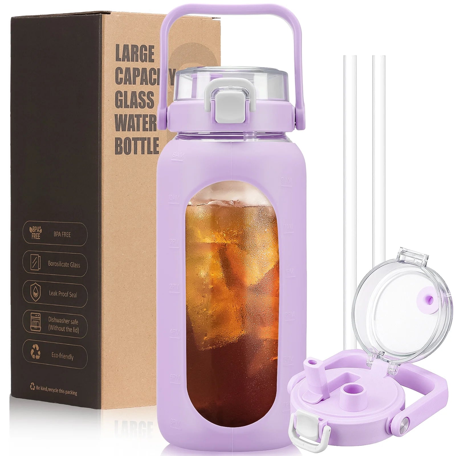 64Oz Water Jug, Glass Water Bottle Container with Straw, Lid and Silicone Sleeve, Purple