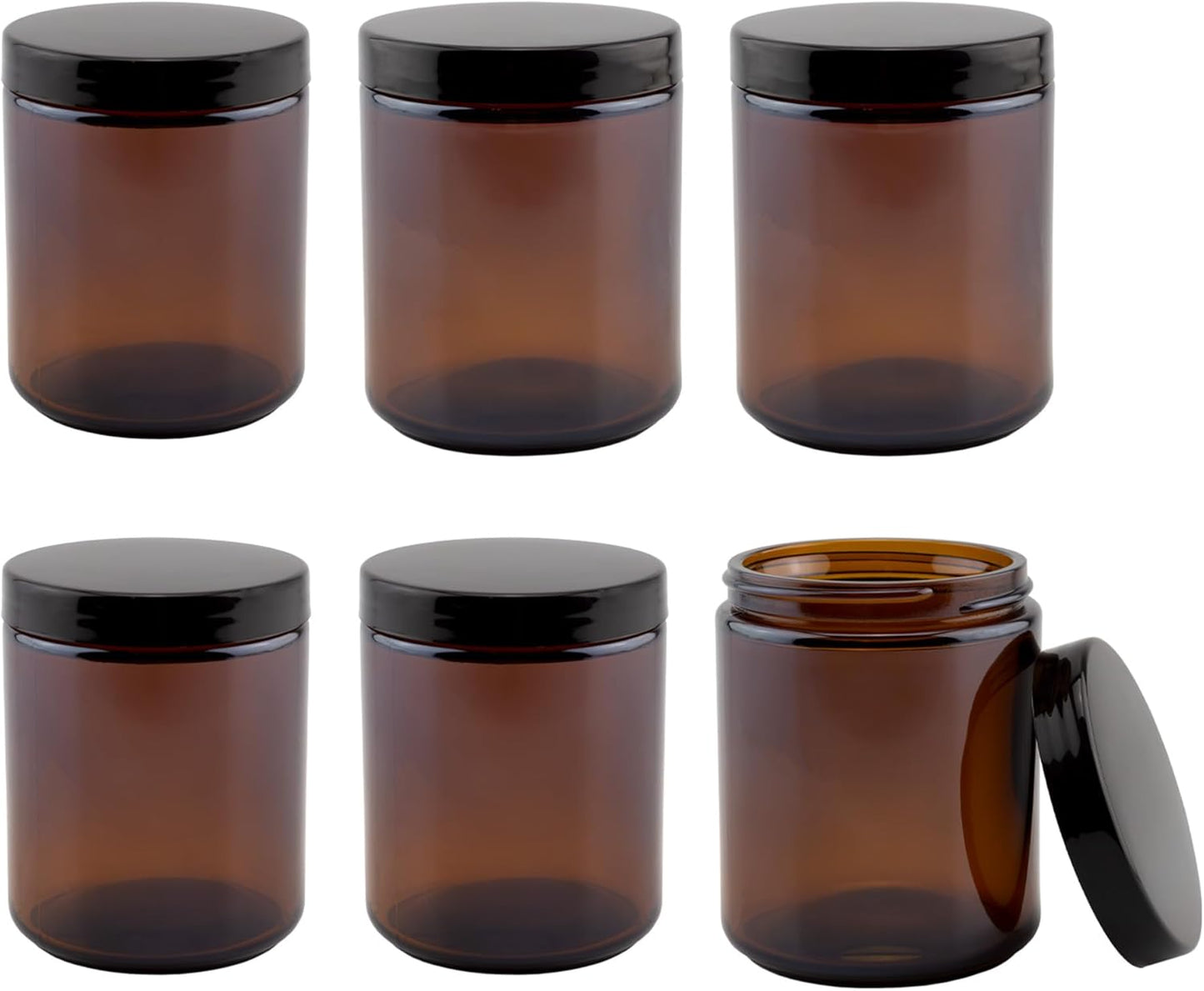 Cornucopia 8Oz / 9Oz Amber Glass Jars (6-Pack); Straight Sided Cosmetic Jars, Great for Body Butter, Creams, Stash Jars, Etc.